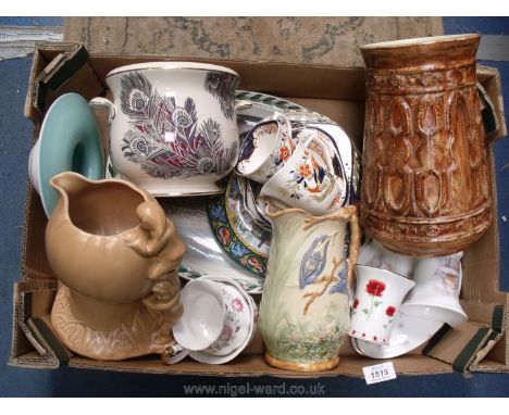 A quantity of china including a Liberty Masons jardiniere, Poole posy vase, Arthur Wood kingfisher jug, Wood and Sons Denbigh