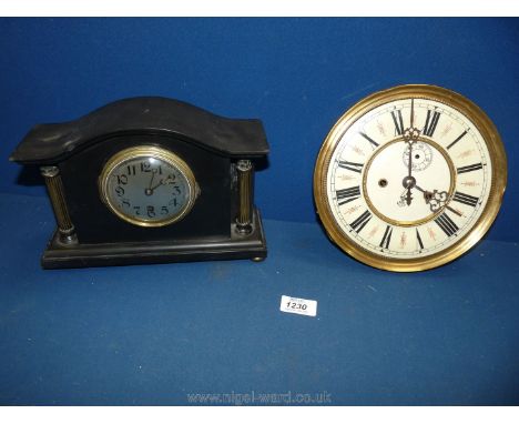 A small black marble Mantle Clock with brass cornithian columns, 7" high approx. plus a brass and enamel clock face by Gustav