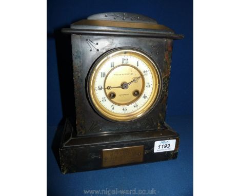 A marble Clock made by Miller &amp; Stewart of Hereford, presented in 1909, 9 1/2'' tall x 7 3/4'' wide at base