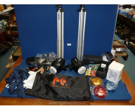 A quantity of photographic equipment including two Falcon Eyes studio flash light model SS 110B with cables, a pair of light 