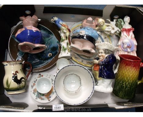 A quantity of china including 19th c. Staffordshire Toby jug, French Faience plate 18th - 19th c., 19th c. Imari Majolica jug