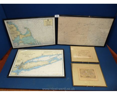 Two framed Sea Charts including Approaches to New York and Long Island Sound, 'Cape Cod', a framed map of Ocle Pychard and tw