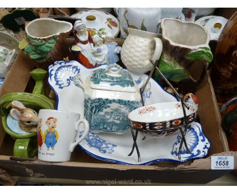 A quantity of china including Spode blue and white boat shaped dish, Border Fine Arts Beatrix Potter watering can, Hornsea fa