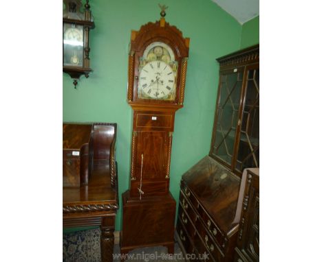 A Mahogany cased light and dark wood strung 8 day Longcase CLock having door flanked by mirrored spirals, the arched painted 