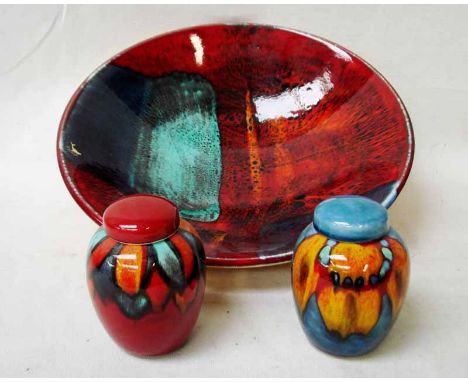 A Poole pottery Living Glaze Gemstone Bowl, with orange, blue and aquamarine glazed finish, 34.5cm diameter and two small Gin