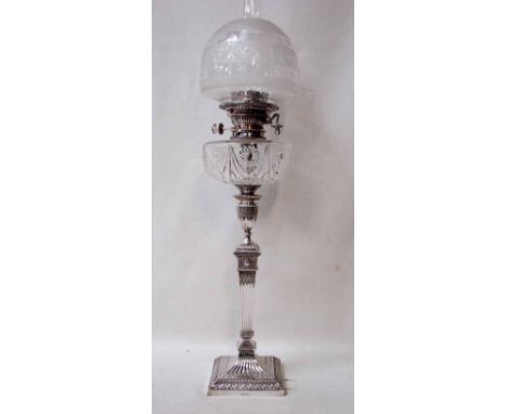 A good quality silver plated Oil Lamp by Elkington and Co., Adam style tapering column on square base with urn shaped surmoun