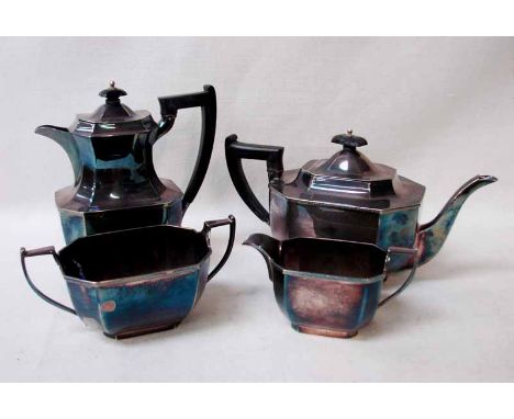 A mid-20th century silver four-piece Tea Service, canted rectangular form with ebonised handles and knops, by Thomas Bradbury