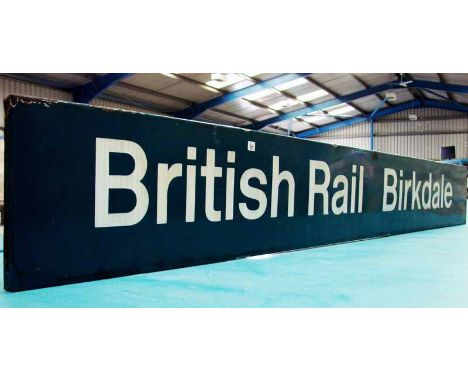 A fully flanged platform enamel sign - 'British Rail Birkdale' in rail-blue livery, 203cm long 