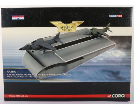 Corgi The Aviation BAE Sea Harriers HMS Hermes Diorama, BAE Sea Harrier FRS.Mk.I-ZA174 & BAE Harrier GR3-XW767, FAA 801 Sqn, 