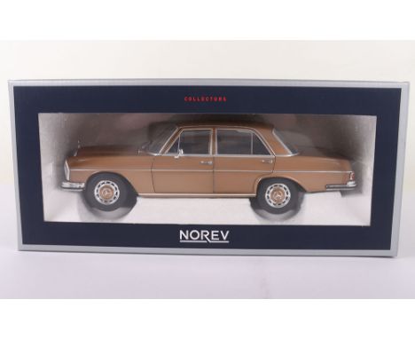 Norev Mercedes Benz 280 SE 1968, 1:18 Scale, metallic gold diecast body, in mint condition, outer window display box is excel