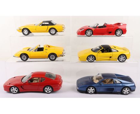 Six Unboxed 1:18 Scale Model Ferraris, Burago Ferrari F50, Solido Ferrari 365 GTS yellow, Hotwheels Ferrari Dino 246 GTS, UT 