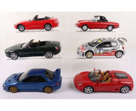 Six Unboxed 1:18 Scale Models, Minichamps Aston Martin DB9 Volante, Ricko Alfa Romeo Spider, Maisto Honda S2000, Solido Peuge