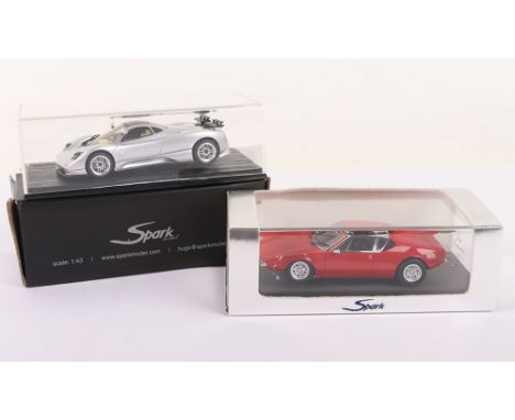 Two Superdeatail Sparkmodels, SO530 De Tomaso Pantera 1970, red body and SPZP01 Pagani Zonda C127.3, silver, both in mint box