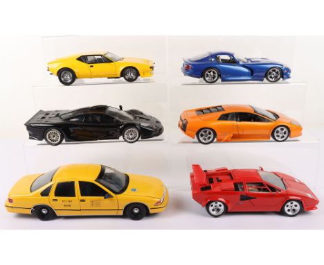 Six Unboxed 1:18 Scale Models, UT Models Chevrolet Caprice N.Y.C-Taxi, Burago Lamborghini Countach (1988) Autoart Lamborghini