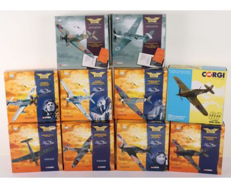 Ten Corgi Aviation Archive Aircraft Models comprising of 7 Flying Aces Editions, AA27603 Hawker Hurricane Mk1. AA49205 Messer