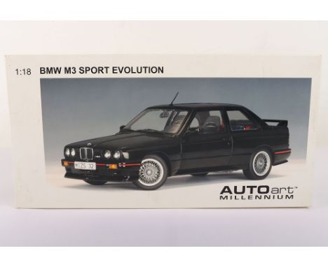 Autoart Millenium Series BMW E30 M3 Sport Evolution 1986, black diecast body, 1:18 scale, in near mint to mint pre owned cond