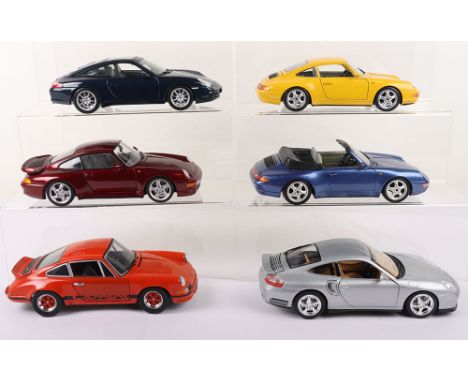 Six Unboxed 1:18 Scale Porsche Models, Burago Porsche Carrera 911 yellow, Maisto Porsche 911 Targa, Burago Porsche Carrera 91