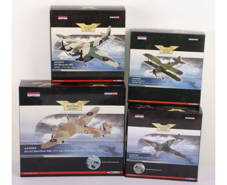 Four Corgi Aviation Archive Aircraft Models, AA38404 Bristol Blenheim Mk1 211 Sqn RAF, Paramythia, Greece, 1940. AA32814 DH M