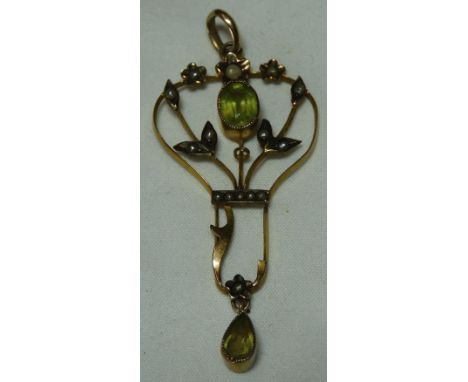 9CT GOLD LIGHT GREEN STONE & SEED PEARL PENDANT 2.55G GROSS  