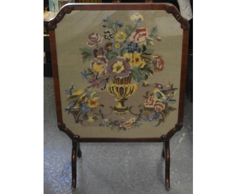 MAHOGANY FRAMED TAPESTRY INSET FIRE SCREEN 
