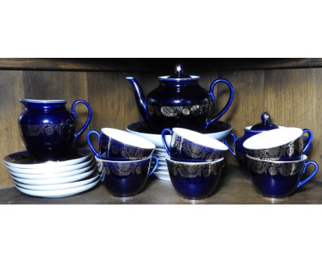 RUSSIAN BLUE & GILT TEA SERVICE  