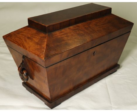 SATIN & ROSEWOOD SARGOPHAGUS TEA CADDY WITH WOODEN HANDLES 