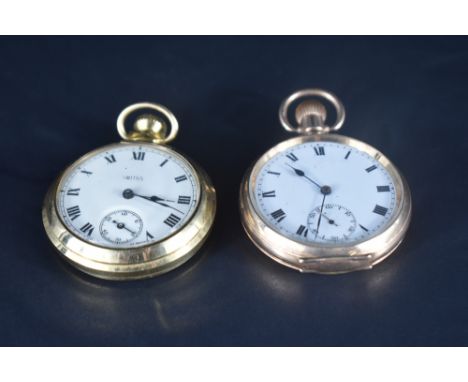 A 10ct gold plated top-wound open-faced pocket watch, having Roman hours and subsidiary seconds dial, case interior marked 'M
