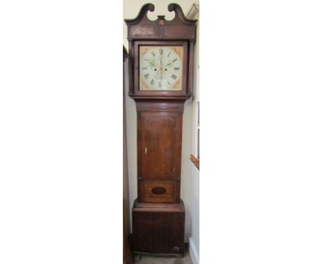 A 19th century oak longcase clock, the broken swan neck pediment above square columns, a short trunk door, box base and brack