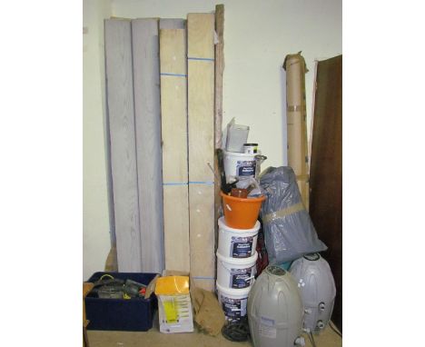 Assorted oak effect painted flooring, together with tools etc