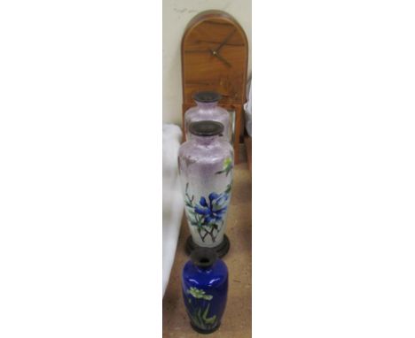 A pair of cloisonne enamel vases together with another cloisonne vase, marquetry clock and an elm mirror CONDITION REPORT: Th