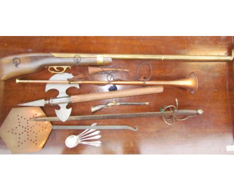Replica sword, axe and rifle together with a chestnut pan etc