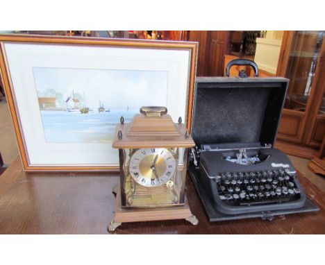 A Schatz mantle clock, with a silvered dial and Roman numerals under a glass dome, together with a Ray Witchard watercolour a