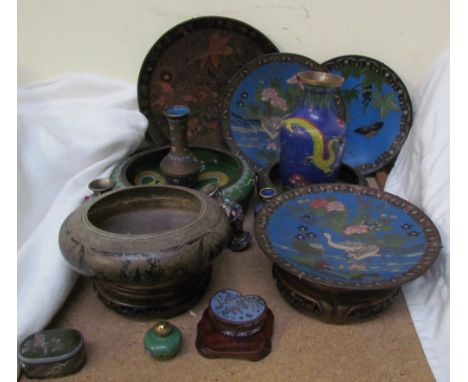 A cloisonne enamel bowl decorated with a dragon together with a collection of cloisonne plates, cloisonne vases, etc CONDITIO