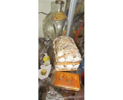 A Tanzanite ring together with, another ring, jaguar Mascot, shell box, Lalique scent bottles and Dimple bottle