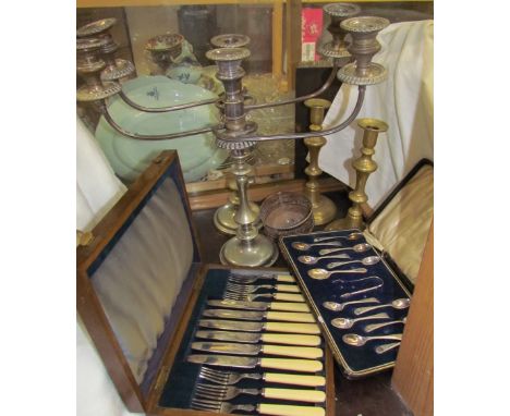 EPNS Candelabra, together with brass candle sticks, flatware and spelter figures