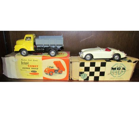 A Victory Industries MGA Safety Fast scale model electric car, together with a Leyland Comet Tipper Truck, both boxed