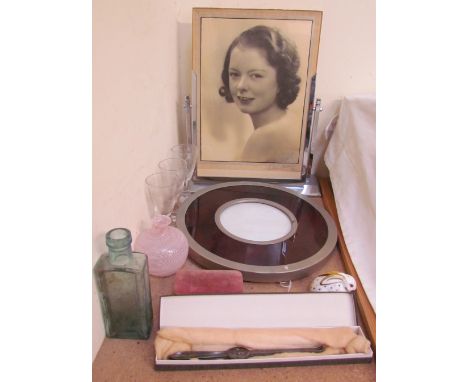 A Chrome easel photograph frame, together with another photograph, sherry glasses, lobster picks etc