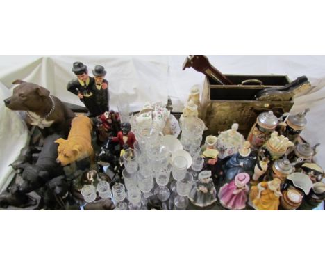 Royal Doulton figures together with steins, brass magazine rack, bellows, drinking glasses, Staffordshire bull terrier figure