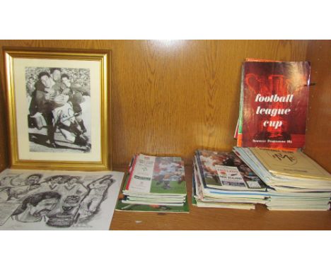 A Cliff Morgan signed action photograph together with a Dennis Lillee print and assorted Rugby and football programmes