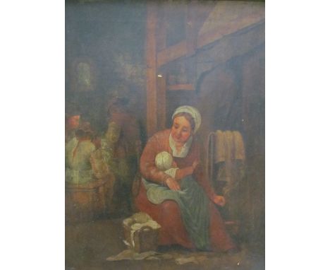 After Adriaen van OstadeNursing a childOil on canvasTogether with a print CONDITION REPORT: Oil painting based on peasant Fam