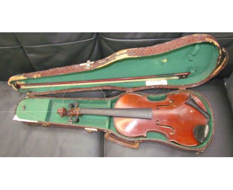 A child's violin with a one piece back bears a label "E.J. Frankland" length of back including button 37.5cm, overall length 
