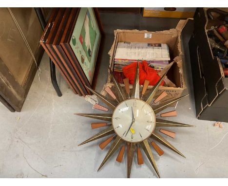 Metamec sun burst clock together with snooker related prints and assorted magazines.
