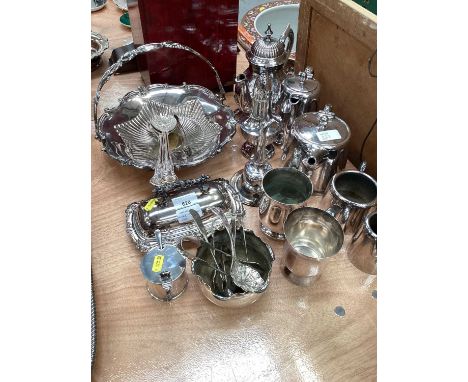 Group of silver plate, including a four-piece tea set, a Georgian old Sheffield plate wine funnel and eastern white metal spo