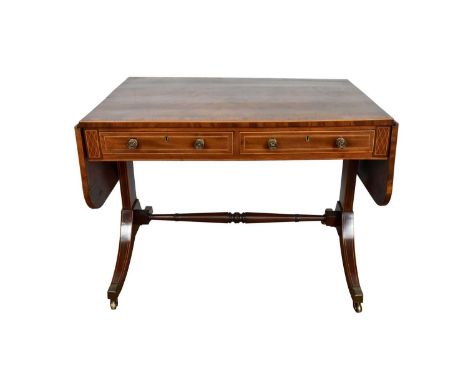 Regency mahogany and tulipwood crossbanded sofa table, with rounded rectangular drop leaf top over two frieze drawers and opp