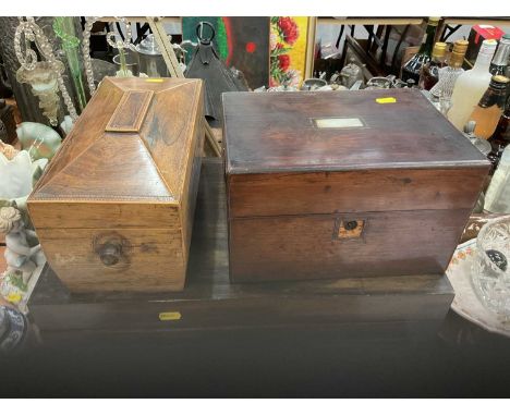 19th century rosewood tea caddy, rosewood work box and canteen of assorted silver plated cutlery.