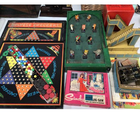 Group of vintage games and toys to include Chinese checkers, pinball, Hornby signal cabin in original box, metal staircases e