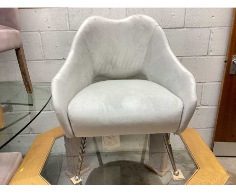 Light grey suede studded bucket chair on metal legs