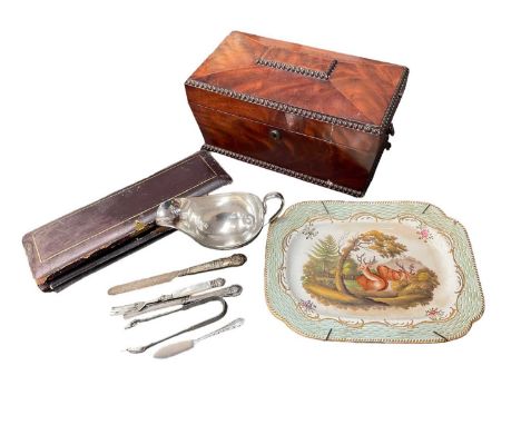 George IV mahogany tea caddy in the manner of Gillows, together with plated wares painted meat dish