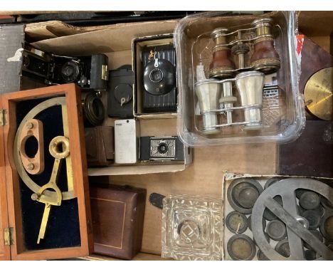 Box of antique cameras, opera glasses, scales, boxed Harling gauge, other scientific instruments