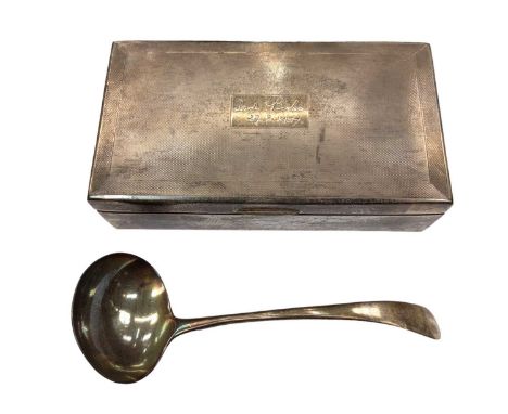 Silver cigar box, Georgian silver ladle and group of plated flatware